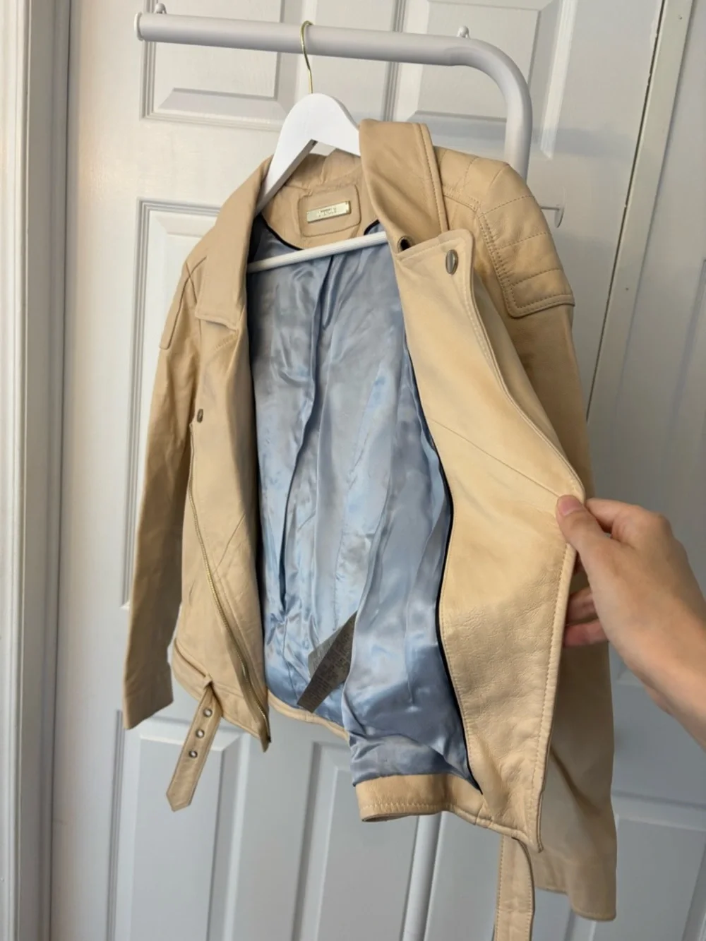 Uterque Cream Sheep Leather Jacket Blue Lining With Gold Hardware Size Small - Picture 6 of 16